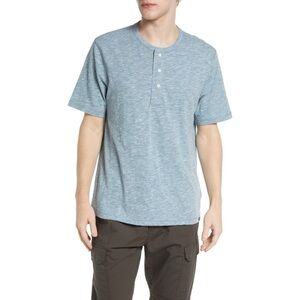 Faherty Short Sleeve Heathered Cotton Blend Henley Shirt Caribbean Blue Minimal